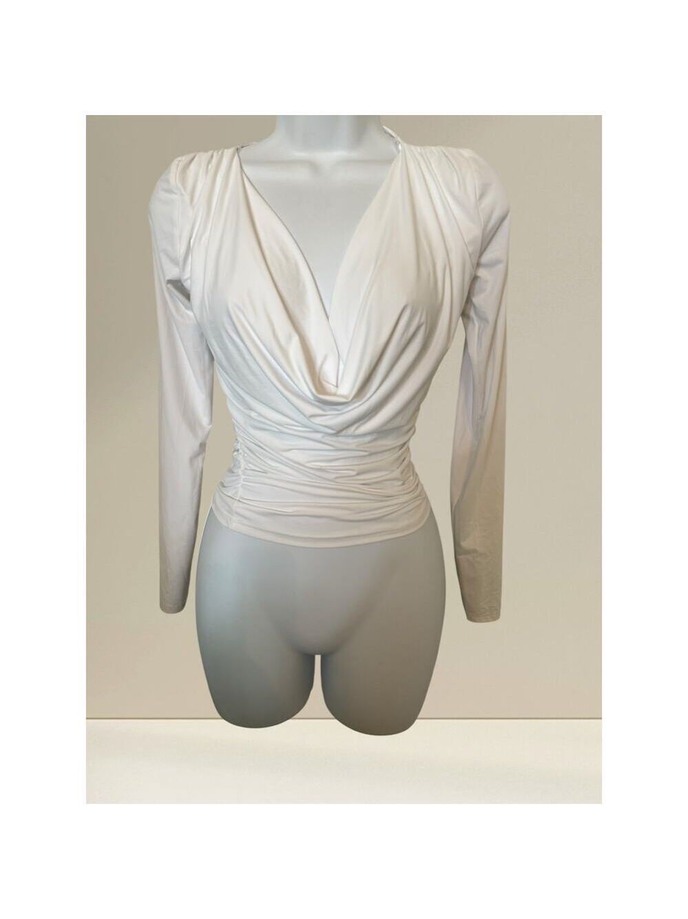 Zara White Draped Cowl Neck Long Sleeve Stretch Top Size Small